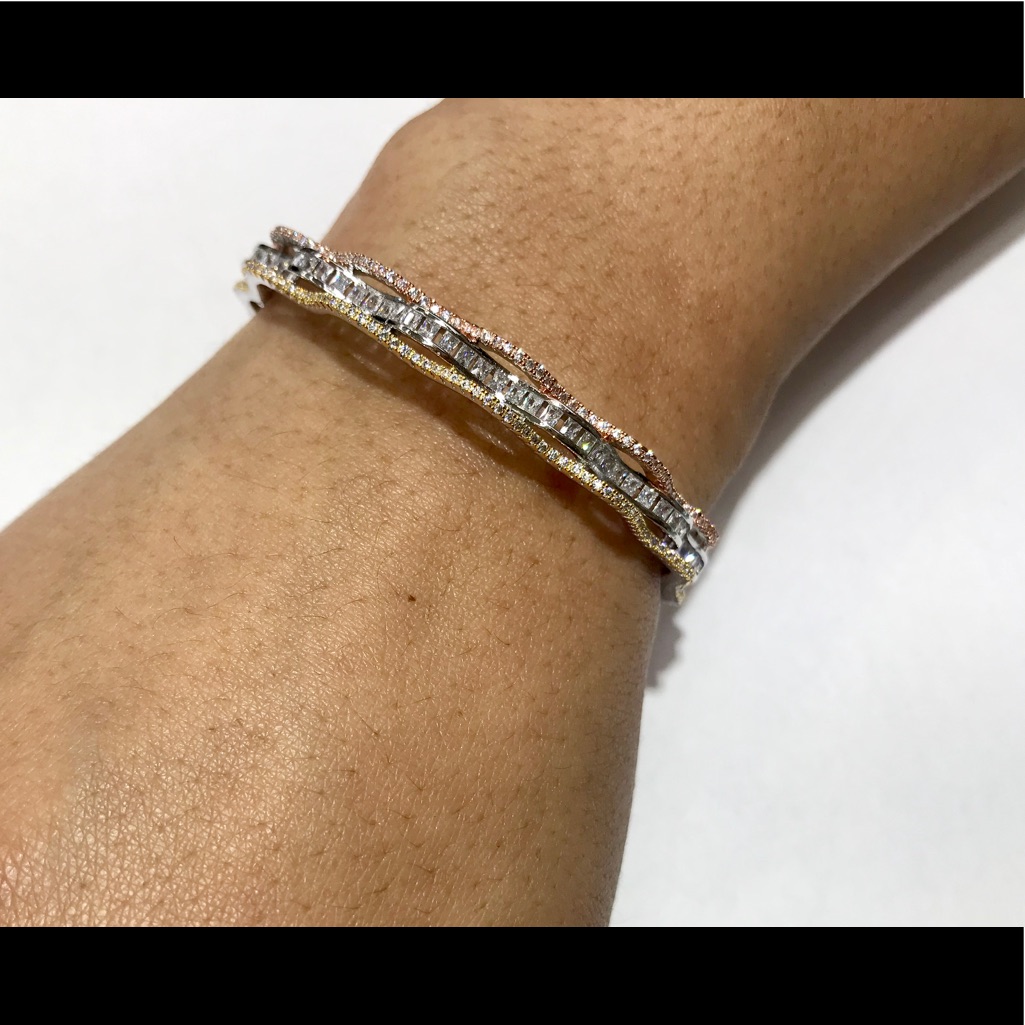 Fashion Rhodium Plated Tricolor Baguette Bangle